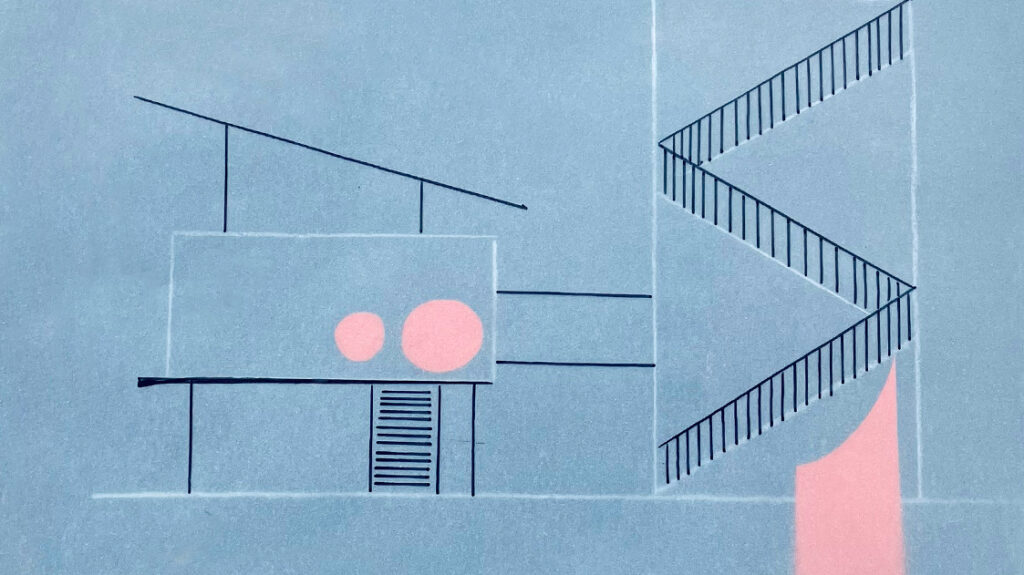 Architekturzeichnung, schwarze Linien auf blauem Untergrund und rosa Elemente